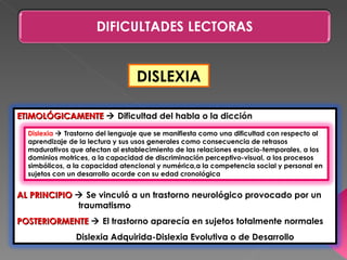DISLEXIA

ETIMOLÓGICAMENTE  Dificultad del habla o la dicción
  Dislexia  Trastorno del lenguaje que se manifiesta como una dificultad con respecto al
  aprendizaje de la lectura y sus usos generales como consecuencia de retrasos
  madurativos que afectan al establecimiento de las relaciones espacio-temporales, a los
  dominios motrices, a la capacidad de discriminación perceptivo-visual, a los procesos
  simbólicos, a la capacidad atencional y numérica,a la competencia social y personal en
  sujetos con un desarrollo acorde con su edad cronológica


AL PRINCIPIO  Se vinculó a un trastorno neurológico provocado por un
             traumatismo
POSTERIORMENTE  El trastorno aparecía en sujetos totalmente normales
                Dislexia Adquirida-Dislexia Evolutiva o de Desarrollo
 
