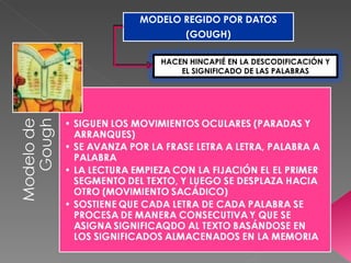 MODELO REGIDO POR DATOS
        (GOUGH)

   HACEN HINCAPIÉ EN LA DESCODIFICACIÓN Y
       EL SIGNIFICADO DE LAS PALABRAS
 