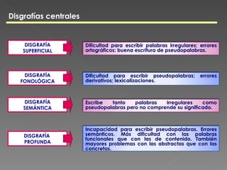 Disgrafías centrales


     DISGRAFÍA         Dificultad para escribir palabras irregulares; errores
    SUPERFICIAL        ortográficos; buena escritura de pseudopalabras.



    DISGRAFÍA          Dificultad para escribir pseudopalabras;       errores
   FONOLÓGICA          derivativos; lexicalizaciones.



    DISGRAFÍA          Escribe  tanto    palabras   irregulares    como
    SEMÁNTICA          pseudopalabras pero no comprende su significado.



                       Incapacidad para escribir pseudopalabras. Errores
    DISGRAFÍA          semánticos. Más dificultad con las palabras
                       funcionales que con las de contenido. También
    PROFUNDA           mayores problemas con las abstractas que con las
                       concretas.
 