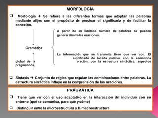 MORFOLOGÍA
    Morfología  Se refiere a las diferentes formas que adoptan las palabras
    mediante afijos con el propósito de precisar el significado y de facilitar la
    conexión.
                            A partir de un limitado número de palabras se pueden
                            generar ilimitadas oraciones.



          Gramática:
                            La información que se transmite tiene que ver con: El
                                     significado de lacada palabra, con la semántica
    global de la                        oración, con la estructura sintáctica, aspectos
    pragmáticos.



 Sintaxis  Conjunto de reglas que regulan las combinaciones entre palabras. La
  estructura sintáctica influye en la comprensión de las oraciones.

                                  PRÁGMÁTICA
    Tiene que ver con el uso adaptativo en la interacción del individuo con su
    entorno (qué se comunica, para qué y cómo)
   Distinguir entre la microestructura y la macroestructura.
 