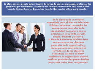 La planeación es pues la determinación de cursos de acción encaminados a alcanzar los
propósitos pre establecidos; responde a la formulación común de: Qué hacer; Cómo
hacerlo; Cuándo hacerlo; Quién debe hacerle; Qué medios utilizar para hacerlo...
En la elección de un modelo
apropiado para el Plan de Relaciones
Públicas, debemos contemplar los
componentes naturales de la
especialidad, de manera que se
articulen en un sentido versátil,
simple, dinámico y efectivo.
El Plan de Relaciones Públicas debe
enmarcarse en los objetivos
generales de la organización y
tomarlos como referentes en la
formulación de los objetivos
específicos del Plan de RRPP.
Finalmente, la organización deberá
verificar que todos los planes hechos
para cada sector sean congruentes.
 
