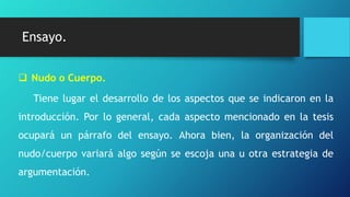 Ensayo.
 Nudo o Cuerpo.
Tiene lugar el desarrollo de los aspectos que se indicaron en la
introducción. Por lo general, cada aspecto mencionado en la tesis
ocupará un párrafo del ensayo. Ahora bien, la organización del
nudo/cuerpo variará algo según se escoja una u otra estrategia de
argumentación.
 