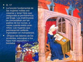 




D. 17
La función fundamental de
las mujeres nobles era
casarse y tener hijos que
asegurase la permanencia
del linaje. Los matrimonios
se concertaban por los
padres de los novios, a
veces cuando estos eran
niños. Las mujeres que
permanecían solteras
ingresaban en monasterios.
Dirigían las labores de los
sirvientes, educaban a los
hijos más pequeños y
bordaban y tejían

 