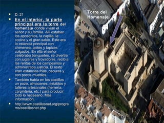 







D. 21

En el interior, la parte
principal era la torre del

homenaje donde vivían el
señor y su familia. Allí estaban
los aposentos, la capilla, la
cocina y el gran salón. Este era
la estancia principal con
chimenea, pieles y tapices
colgados. En ella el señor
celebraba banquetes, se divertía
con juglares y trovadores, recibía
las rentas de los campesinos y
administraba justicia. El resto
eran estancias frías, oscuras y
con pocos muebles.
También había en los castillos
un pozo, almacenes, establos y
talleres artesanales (herrería,
carpintería, etc.) para producir
todo lo necesario. Más
información.
http://www.castillosnet.org/progra
ms/castillosnet.php

Torre del
Homenaje.

 