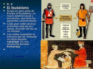 








D. 6

El feudalismo

Surgió en gran parte de
Europa el feudalismo, un
nuevo sistema social y
económico, que tenia las
siguientes características.
Cada gran noble alcanzó
el dominio total de sus
tierras. El poder del rey se
vió limitado.
Los nobles aceptaban la
primacía del rey mediante
un pacto llamado
vasallaje . En una
ceremonia llamada
homenaje .



El vasallaje

 
