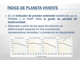 ÍNDICE DE PLANETA VIVIENTE
 Es un indicador de presión ambiental establecido por el
PNUMA y el WWF. Mide el grado de pérdida de
biodiversidad.
 Elaborado a partir de las tasas de extinción de
determinadas especies en tres ecosistemas
representativos terrestres. La tendencia es descendente.
 