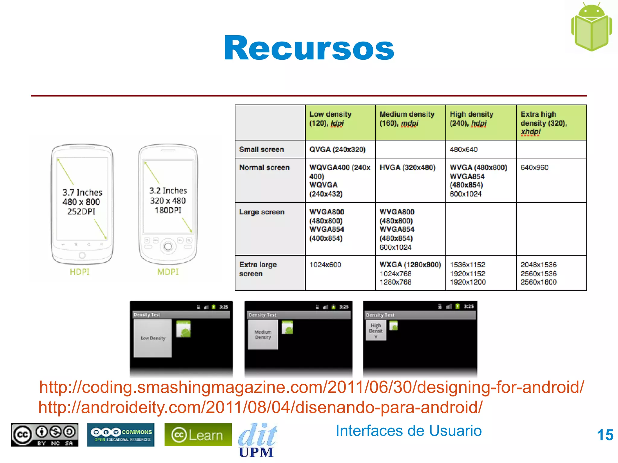 Recursos




http://coding.smashingmagazine.com/2011/06/30/designing-for-android/
http://androideity.com/2011/08/04/disenando-para-android/
                                     Interfaces de Usuario             15
 