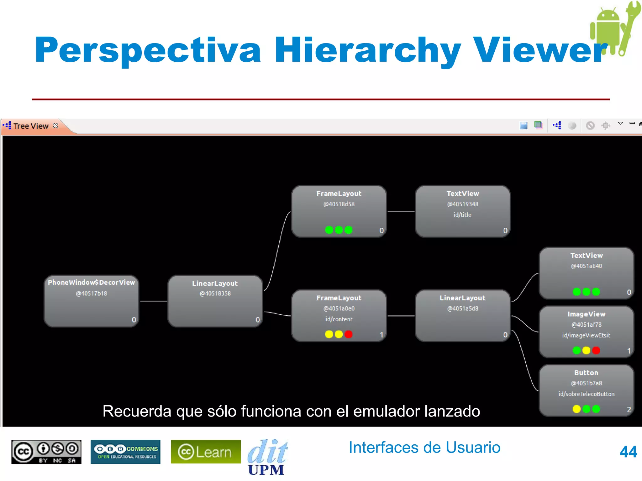Perspectiva Hierarchy Viewer




   Recuerda que sólo funciona con el emulador lanzado

                                   Interfaces de Usuario   44
 