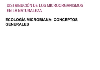DISTRIBUCIÓN DE LOS MICROORGANISMOS
EN LA NATURALEZA

ECOLOGÍA MICROBIANA: CONCEPTOS
GENERALES
 