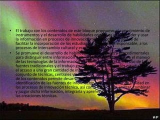 • El trabajo con los contenidos de este bloque promueve el conocimiento de
instrumentos y el desarrollo de habilidades cognitivas para acceder y usar
la información en procesos de innovación técnica con la finalidad de
facilitar la incorporación de los estudiantes, de manera responsable, a los
procesos de intercambio cultural y económico.
• Se promueve el desarrollo de habilidades conceptuales y procedimentales
para distinguir entre información y conocimiento, así como para el manejo
de las tecnologías de la información y la comunicación (TIC), el uso de las
fuentes tradicionales y el trabajo grupal, que posibiliten a los estudiantes
el acceso a una gran cantidad de información del campo tecnológico y su
conjunto de técnicas, centrales y periféricas. El énfasis en el tratamiento
de los contenidos permite desarrollar habilidades cognitivas para la
identificación de las fuentes de información que pueden ser de utilidad en
los procesos de innovación técnica, así como estructurar, utilizar, combinar
y juzgar dicha información, integrarla y aprehenderla para resignificarla en
las creaciones técnicas.

 