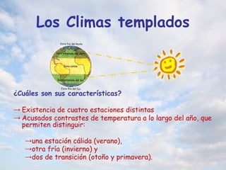 Los Climas templados
¿Cuáles son sus características?
→ Existencia de cuatro estaciones distintas
→ Acusados contrastes de temperatura a lo largo del año, que
permiten distinguir:
→una estación cálida (verano),
→otra fría (invierno) y
→dos de transición (otoño y primavera).
 
