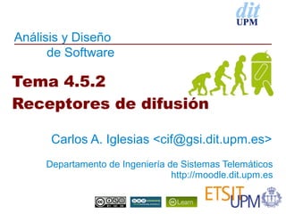 Análisis y Diseño
      de Software

Tema 4.5.2
Receptores de difusión

      Carlos A. Iglesias <cif@gsi.dit.upm.es>
     Departamento de Ingeniería de Sistemas Telemáticos
                                 http://moodle.dit.upm.es
 