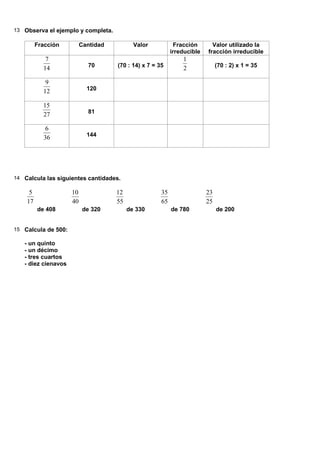 13 Observa el ejemplo y completa.

         Fracción         Cantidad          Valor            Fracción      Valor utilizado la
                                                           irreducible   fracción irreducible
            7                                                  1
           14               70       (70 : 14) x 7 = 35        2              (70 : 2) x 1 = 35

            9
           12               120

           15
           27               81

            6
           36               144




14 Calcula las siguientes cantidades.

     5               10              12               35                 23
    17               40              55               65                 25
         de 408            de 320         de 330           de 780             de 200


15 Calcula de 500:

   - un quinto
   - un décimo
   - tres cuartos
   - diez cienavos
 