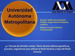 Universidad
Autónoma
Metropolitana
47- Formas de división celular: fisión binaria (efectos genéticos,
proceso, organismos que utilizan la fisión binaria y tipos de fisión
binaria)
Nombre: Delfina García Betanzo
Profesor: Jorge Antonio Amézquita
Landeros
Módulo: Procesos Celulares
Fundamentales
 