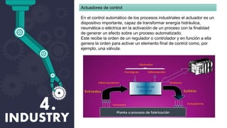 Actuadores de control
En el control automático de los procesos industriales el actuador es un
dispositivo importante, capaz de transformar energía hidráulica,
neumática o eléctrica en la activación de un proceso con la finalidad
de generar un efecto sobre un proceso automatizado.
Este recibe la orden de un regulador o controlador y en función a ella
genera la orden para activar un elemento final de control como, por
ejemplo, una válvula.
 