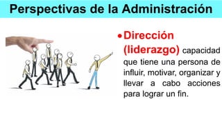 Perspectivas de la Administración
Dirección
(liderazgo) capacidad
que tiene una persona de
influir, motivar, organizar y
llevar a cabo acciones
para lograr un fin.
 