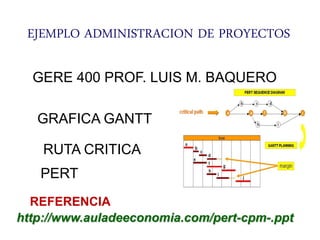 EJEMPLO ADMINISTRACION DE PROYECTOS

  GERE 400 PROF. LUIS M. BAQUERO

   GRAFICA GANTT

    RUTA CRITICA
   PERT
  REFERENCIA
http://www.auladeeconomia.com/pert-cpm-.ppt
 