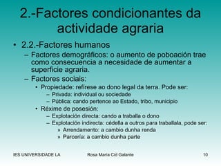 2.2.-Factores humanos Factores demográficos: o aumento de poboación trae como consecuencia a necesidade de aumentar a superficie agraria. Factores sociais: Propiedade: refírese ao dono legal da terra. Pode ser: Privada: individual ou sociedade Pública: cando pertence ao Estado, tribo, municipio Réxime de posesión: Explotación directa: cando a traballa o dono Explotación indirecta: cédella a outros para traballala, pode ser: Arrendamento: a cambio dunha renda Parcería: a cambio dunha parte 2.-Factores condicionantes da actividade agraria 