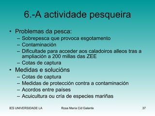 Problemas da pesca: Sobrepesca que provoca esgotamento Contaminación Dificultade para acceder aos caladoiros alleos tras a ampliación a 200 millas das ZEE Cotas de captura Medidas e solucións Cotas de captura Medidas de protección contra a contaminación Acordos entre países Acuicultura ou cría de especies mariñas 6.-A actividade pesqueira 