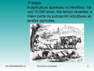 1ª etapa A agricultura apareceu no Neolítico, hai uns 10.000 anos. Ata tempo recentes, a maior parte da poboación adicábase as tarefas agrícolas. 