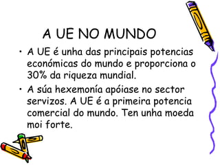 A UE NO MUNDO A UE é unha das principais potencias económicas do mundo e proporciona o 30% da riqueza mundial. A súa hexemonía apóiase no sector servizos. A UE é a primeira potencia comercial do mundo. Ten unha moeda moi forte. 