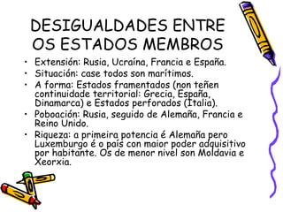 DESIGUALDADES ENTRE OS ESTADOS MEMBROS Extensión: Rusia, Ucraína, Francia e España. Situación: case todos son marítimos. A forma: Estados framentados (non teñen continuidade territorial: Grecia, España, Dinamarca) e Estados perforados (Italia). Poboación: Rusia, seguido de Alemaña, Francia e Reino Unido. Riqueza: a primeira potencia é Alemaña pero Luxemburgo é o país con maior poder adquisitivo por habitante. Os de menor nivel son Moldavia e Xeorxia. 