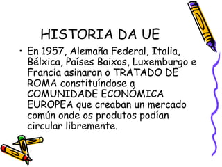 HISTORIA DA UE En 1957, Alemaña Federal, Italia, Bélxica, Países Baixos, Luxemburgo e Francia asinaron o TRATADO DE ROMA constituíndose a COMUNIDADE ECONÓMICA EUROPEA que creaban un mercado común onde os produtos podían circular libremente. 