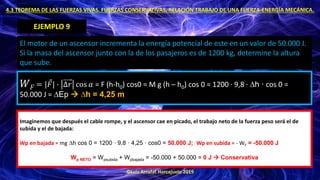 ©Luis Arrufat Horcajuelo 2019
4.3 TEOREMA DE LAS FUERZAS VIVAS. FUERZAS CONSERVATIVAS. RELACIÓN TRABAJO DE UNA FUERZA-ENERGÍA MECÁNICA.
EJEMPLO 9
El motor de un ascensor incrementa la energía potencial de este en un valor de 50.000 J.
Si la masa del ascensor junto con la de los pasajeros es de 1200 kg, determine la altura
que sube.
𝑊𝐹 = | Ԧ
𝐹| · ∆𝑟 cos 𝛼 = F (h-h0) cos0 = M g (h – h0) cos 0 = 1200 · 9,8 · ∆h · cos 0 =
50.000 J = ∆Ep → ∆h = 4,25 m
Imaginemos que después el cable rompe, y el ascensor cae en picado, el trabajo neto de la fuerza peso será el de
subida y el de bajada:
Wp en bajada = mg ∆h cos 0 = 1200 · 9,8 · 4,25 · cos0 = 50.000 J; Wp en subida = - WF = -50.000 J
Wp NETO = Wpsubida + Wpbajada = -50.000 + 50.000 = 0 J → Conservativa
 