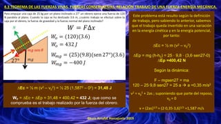 ©Luis Arrufat Horcajuelo 2019
4.3 TEOREMA DE LAS FUERZAS VIVAS. FUERZAS CONSERVATIVAS. RELACIÓN TRABAJO DE UNA FUERZA-ENERGÍA MECÁNICA.
Este problema está resulto según la definición
de trabajo, pero sabiendo lo anterior, sabemos
que el trabajo queda invertido en una variación
en la energía cinética y en la energía potencial,
por tanto:
∆Ec = ½ m (v2 – v0
2)
∆Ep = mg (h-h0) = 25 · 9,8 · (3,6·sen27-0)
∆Ep =400,42 N
Según la dinámica:
F – mgsen27 = ma
120 – 25·9,8·sen27 = 25 a → a =0,35 m/s2
v2 = v0
2 + 2as ; suponiendo que parte del reposo,
v0 = 0
v = (2as)1/2 = (2·0,35·3,6)1/2 =1,587 m/s
∆Ec = ½ m (v2 – v0
2) = ½ 25 (1,5872 – 02) = 31,48 J
WF = ∆Ec + ∆Ep = 31,48 + 400,42 ≈ 432 J; que como se
comprueba es el trabajo realizado por la fuerza del obrero.
 