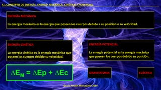 ©Luis Arrufat Horcajuelo 2019
4.1 CONCEPTO DE ENERGÍA. ENERGÍA MECÁNICA, CINÉTICA Y POTENCIAL. .
ENERGÍA MECÁNICA
La energía mecánica es la energía que poseen los cuerpos debido a su posición o su velocidad.
ENERGÍA CINÉTICA
La energía cinética es la energía mecánica que
poseen los cuerpos debido su velocidad.
ENERGÍA POTENCIAL
La energía potencial es la energía mecánica
que poseen los cuerpos debido su posición.
GRAVITATORIA ELÁSTICA
∆EM = ∆Ep + ∆Ec
 