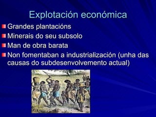 Explotación económica Grandes plantacións Minerais do seu subsolo Man de obra barata Non fomentaban a industrialización (unha das causas do subdesenvolvemento actual) 