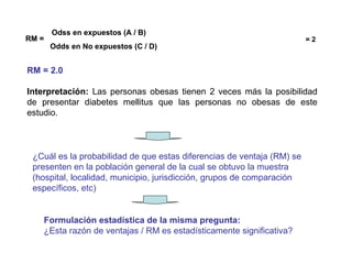 RM = 2.0
Interpretación: Las personas obesas tienen 2 veces más la posibilidad
de presentar diabetes mellitus que las personas no obesas de este
estudio.
¿Cuál es la probabilidad de que estas diferencias de ventaja (RM) se
presenten en la población general de la cual se obtuvo la muestra
(hospital, localidad, municipio, jurisdicción, grupos de comparación
específicos, etc)
Formulación estadística de la misma pregunta:
¿Esta razón de ventajas / RM es estadísticamente significativa?
= 2RM =
Odss en expuestos (A / B)
Odds en No expuestos (C / D)
RM =
Odss en expuestos (A / B)
Odds en No expuestos (C / D)
 