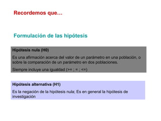 Formulación de las hipótesis
Hipótesis nula (H0)
Es una afirmación acerca del valor de un parámetro en una población, o
sobre la comparación de un parámetro en dos poblaciones.
Siempre incluye una igualdad (>= ; = ; <=)
Hipótesis alternativa (H1)
Es la negación de la hipótesis nula; Es en general la hipótesis de
investigación
Recordemos que…
 