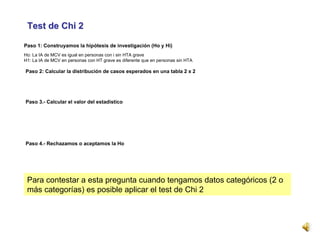 Test deTest de Chi 2Chi 2
Paso 2: Calcular la distribución de casos esperados en una tabla 2 x 2
Paso 3.- Calcular el valor del estadístico
Paso 1: Construyamos la hipótesis de investigación (Ho y Hi)
Ho: La IA de MCV es igual en personas con i sin HTA grave
H1: La IA de MCV en personas con HT grave es diferente que en personas sin HTA
Paso 4.- Rechazamos o aceptamos la Ho
Para contestar a esta pregunta cuando tengamos datos categóricos (2 o
más categorías) es posible aplicar el test de Chi 2
 