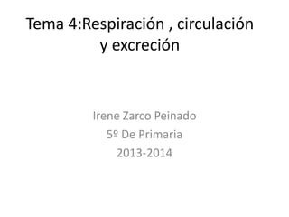 Tema 4:Respiración , circulación
y excreción

Irene Zarco Peinado
5º De Primaria
2013-2014

 