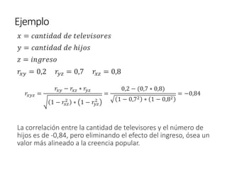 Ejemplo
𝑥 = 𝑐𝑎𝑛𝑡𝑖𝑑𝑎𝑑 𝑑𝑒 𝑡𝑒𝑙𝑒𝑣𝑖𝑠𝑜𝑟𝑒𝑠
𝑦 = 𝑐𝑎𝑛𝑡𝑖𝑑𝑎𝑑 𝑑𝑒 ℎ𝑖𝑗𝑜𝑠
𝑧 = 𝑖𝑛𝑔𝑟𝑒𝑠𝑜
𝑟𝑥𝑦 = 0,2 𝑟𝑦𝑧 = 0,7 𝑟𝑥𝑧 = 0,8
𝑟𝑥𝑦𝑧 =
𝑟𝑥𝑦 − 𝑟𝑥𝑧 ∗ 𝑟𝑦𝑧
1 − 𝑟𝑥𝑧
2
∗ 1 − 𝑟𝑦𝑧
2
=
0,2 − (0,7 ∗ 0,8)
1 − 0,72 ∗ 1 − 0,82
= −0,84
La correlación entre la cantidad de televisores y el número de
hijos es de -0,84, pero eliminando el efecto del ingreso, ósea un
valor más alineado a la creencia popular.
 