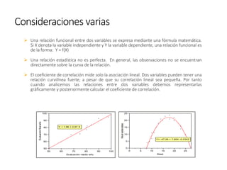 ➢ Una relación funcional entre dos variables se expresa mediante una fórmula matemática.
Si X denota la variable independiente y Y la variable dependiente, una relación funcional es
de la forma: Y = f(X)
➢ Una relación estadística no es perfecta. En general, las observaciones no se encuentran
directamente sobre la curva de la relación.
➢ El coeficiente de correlación mide solo la asociación lineal. Dos variables pueden tener una
relación curvilínea fuerte, a pesar de que su correlación lineal sea pequeña. Por tanto
cuando analicemos las relaciones entre dos variables debemos representarlas
gráficamente y posteriormente calcular el coeficiente de correlación.
Consideraciones varias
50
60
70
80
90
100
Evaluación
final
año
50 60 70 80 90 100
Evaluación medio año
Y = 1,96 + 0,97 X
0
5
10
15
20
25
Nivel
esteroides
0 5 10 15 20 25
Edad
Y= -47,26 + 7,95X -0.23X2
 