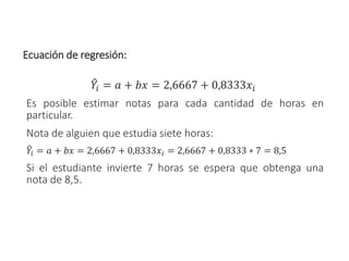 Ecuación de regresión:
෠
𝑌𝑖 = 𝑎 + 𝑏𝑥 = 2,6667 + 0,8333𝑥𝑖
Es posible estimar notas para cada cantidad de horas en
particular.
Nota de alguien que estudia siete horas:
෠
𝑌𝑖 = 𝑎 + 𝑏𝑥 = 2,6667 + 0,8333𝑥𝑖 = 2,6667 + 0,8333 ∗ 7 = 8,5
Si el estudiante invierte 7 horas se espera que obtenga una
nota de 8,5.
 