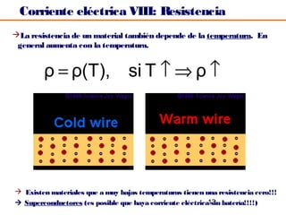 Corriente eléctrica VIII: Resistencia
La resistencia de un material también depende de la temperatura. En
 general aumenta con la temperatura.


        ρ = ρ(T),                 si T ↑ ⇒ ρ ↑




 Existen materiales que a muy bajas temperaturas tienen una resistencia cero!!!
                                                           13
 Superconductores (es posible que haya corriente eléctrica sin batería!!!!)
 