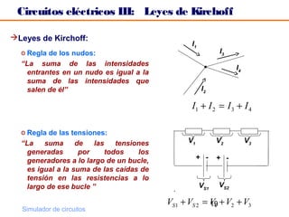 Circuitos eléctricos III: Leyes de Kirchoff

Leyes de Kirchoff:
                                                  I1
  o Regla de los nudos:                                       I3
  “La suma de las intensidades
                                                                   I4
    entrantes en un nudo es igual a la
    suma de las intensidades que
    salen de él”                                       I2

                                                  I1 + I 2 = I 3 + I 4

  o Regla de las tensiones:
  “La    suma      de   las    tensiones         V1          V2         V3
    generadas       por     todos    los
    generadores a lo largo de un bucle,               + -    + -
    es igual a la suma de las caídas de
    tensión en las resistencias a lo
    largo de ese bucle ”                               VS1   VS2
                                             •

                                           VS 1 + VS 2 = V1 + V2 + V3
                                                         19
  Simulador de circuitos
 