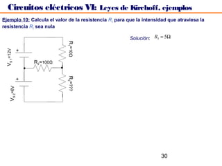 Circuitos eléctricos VI: Leyes de Kirchoff, ejemplos
Ejemplo 10: Calcula el valor de la resistencia R3 para que la intensidad que atraviesa la
resistencia R2 sea nula

                                                        Solución: R3 = 5Ω




                            R1=10Ω
 VS 1=12V
            +




                R2=100Ω
                            R3=???
            +
    VS 2=6V




                                                                      30
 