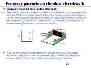 Energía y potencia en circuitos eléctricos I:
 Energía y potencia en circuitos eléctricos:
•   El generador comunica energía a los electrones elevando su energía potencial
    eléctrica. Posteriormente al circular éstos por el circuito, ceden su energía que
    se transforma en algún otro tipo de energía en algún dispositivo del circuito, por
    ejemplo en energía térmica de la resistencia (aumentando la temperatura de
    ésta) o en energía mecánica en un motor eléctrico.




•   A su vez el generador deberá obtener la energía que le da a las cargas
    eléctricas de algún otro sitio transformando algún otro tipo de energía en
    energía eléctrica (En el caso de las baterías es energía química).

                                                                35
 