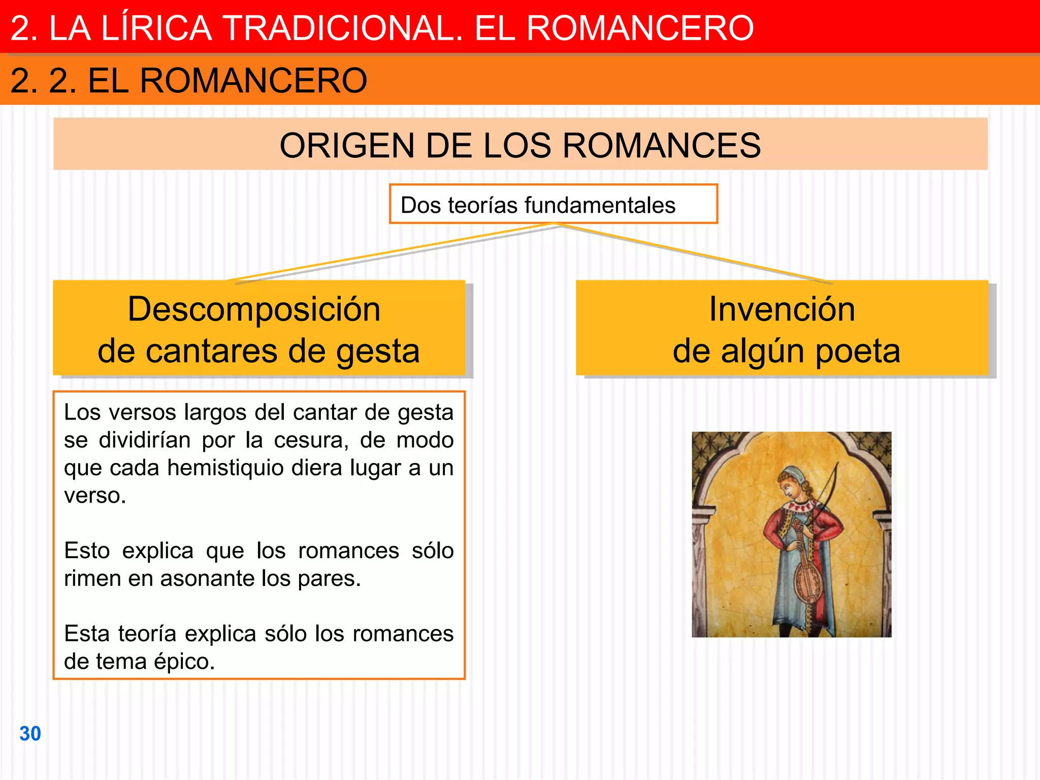 2. LA LÍRICA TRADICIONAL. EL ROMANCERO
2. LA LÍRICA TRADICIONAL. EL ROMANCERO
2. 2. EL ROMANCERO
ORIGEN DE LOS ROMANCES
Dos teorías fundamentales

Descomposición
Descomposición
de cantares de gesta
de cantares de gesta
Los versos largos del cantar de gesta
se dividirían por la cesura, de modo
que cada hemistiquio diera lugar a un
verso.
Esto explica que los romances sólo
rimen en asonante los pares.
Esta teoría explica sólo los romances
de tema épico.
30

Invención
Invención
de algún poeta
de algún poeta

 