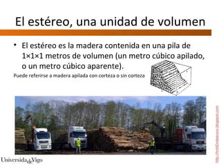 El estéreo, una unidad de volumen
• El estéreo es la madera contenida en una pila de
  1×1×1 metros de volumen (un metro cúbico apilado,
  o un metro cúbico aparente).
Puede referirse a madera apilada con corteza o sin corteza




                                                             http://hmbEndeavour.blogspot.com
 