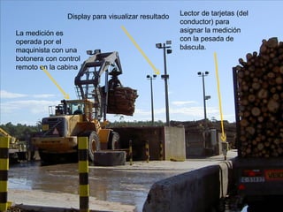 Display para visualizar resultado   Lector de tarjetas (del
                                                    conductor) para
La medición es                                      asignar la medición
operada por el                                      con la pesada de
maquinista con una                                  báscula.
botonera con control
remoto en la cabina
 
