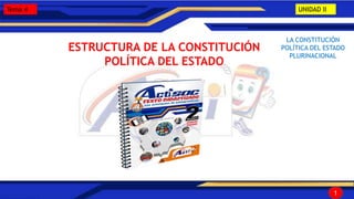 Tema 4 UNIDAD II
LA CONSTITUCIÓN
POLÍTICA DEL ESTADO
PLURINACIONAL
ESTRUCTURA DE LA CONSTITUCIÓN
POLÍTICA DEL ESTADO
1
 
