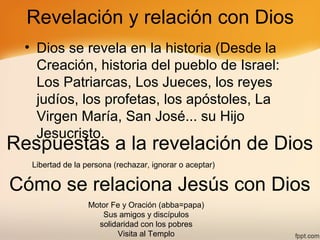 Revelación y relación con Dios
• Dios se revela en la historia (Desde la
Creación, historia del pueblo de Israel:
Los Patr...