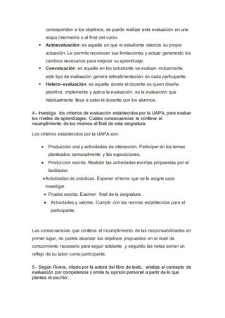 corresponden a los objetivos; se puede realizar esta evaluación en una
etapa intermedia o al final del curso.
 Autoevaluación: es aquella en que el estudiante valoriza su propia
actuación. Le permite reconocer sus limitaciones y actuar generando los
cambios necesarios para mejorar su aprendizaje.
 Coevaluación: es aquella en los estudiante se evalúan mutuamente,
este tipo de evaluación genera retroalimentación en cada participante.
 Hetero- evaluación: es aquella donde el docente es quien diseña,
planifica, implementa y aplica la evaluación, es la evaluación que
habitualmente lleva a cabo el docente con los alumnos.
4.- Investiga los criterios de evaluación establecidos por la UAPA, para evaluar
los niveles de aprendizajes. Cuáles consecuencias te conlleva el
incumplimiento de los mismos al final de esta asignatura.
Los criterios establecidos por la UAPA son:
 Producción oral y actividades de interacción. Participar en los temas
planteados semanalmente y las exposiciones.
 Producción escrita. Realizar las actividades escritas propuestas por el
facilitador.
Actividades de prácticas. Exponer el tema que se le asigne para
investigar.
 Prueba escrita. Examen final de la asignatura.
 Actividades y valores. Cumplir con las normas establecidas para el
participante.
Las consecuencias que conlleva el incumplimiento de las responsabilidades en
primer lugar, no podría alcanzar los objetivos propuestos en el nivel de
conocimiento necesario para seguir adelante y segundo las notas serian un
reflejo de su labor como participante.
5.- Según Rivera, citado por la autora del libro de texto, analiza el concepto de
evaluación por competencia y emite tu opinión personal a partir de lo que
plantea el escritor.
 