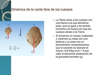 Dinámica de la caída libre de los cuerpos


                              La Tierra atrae a los cuerpos con
                               una fuerza a la que llamamos
                               peso, que es igual y de sentido
                               contrario a la fuerza con que los
                               cuerpos atraen a la Tierra.
                              Si tomamos un cuerpo cualquiera
                               y medimos su masa con una
        P   m g                balanza y su peso con un
                               dinamómetro comprobaremos
                               que el cociente es siempre el
                               mismo: 9,8 N/kg (m/s2) . A ese
                               valor lo llamamos aceleración de
                               la gravedad terrestre (g)
 