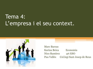 Tema 4:
L’empresa i el seu context.
Marc Bareas
Karina Beica Economia
Nico Ramírez 4rt ESO
Pau Vallés Col.legi Sant Josep de Reus
 